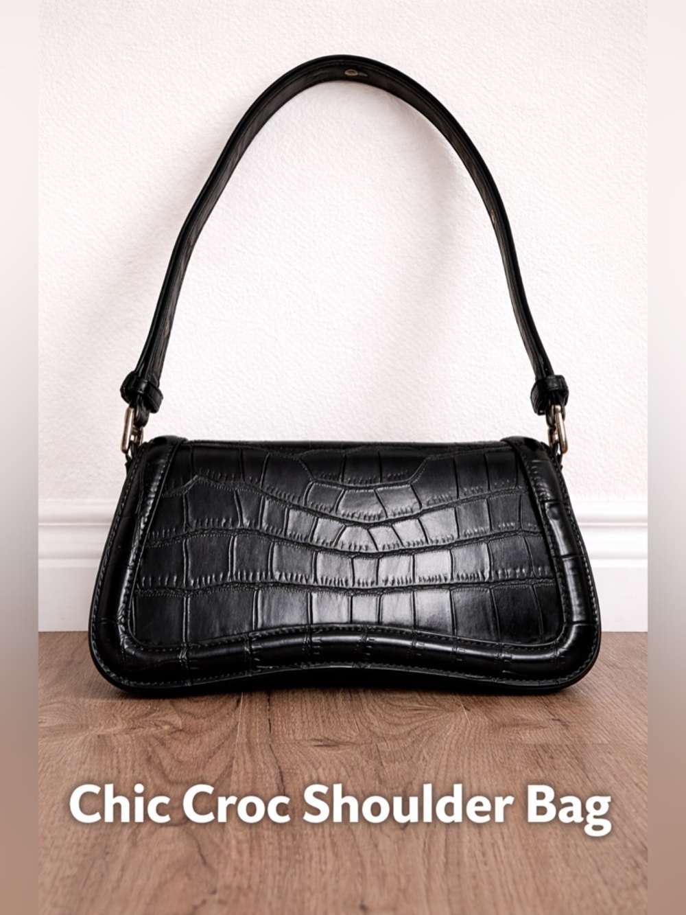 Trendy Black Croc-Embossed Shoulder Bag Purse